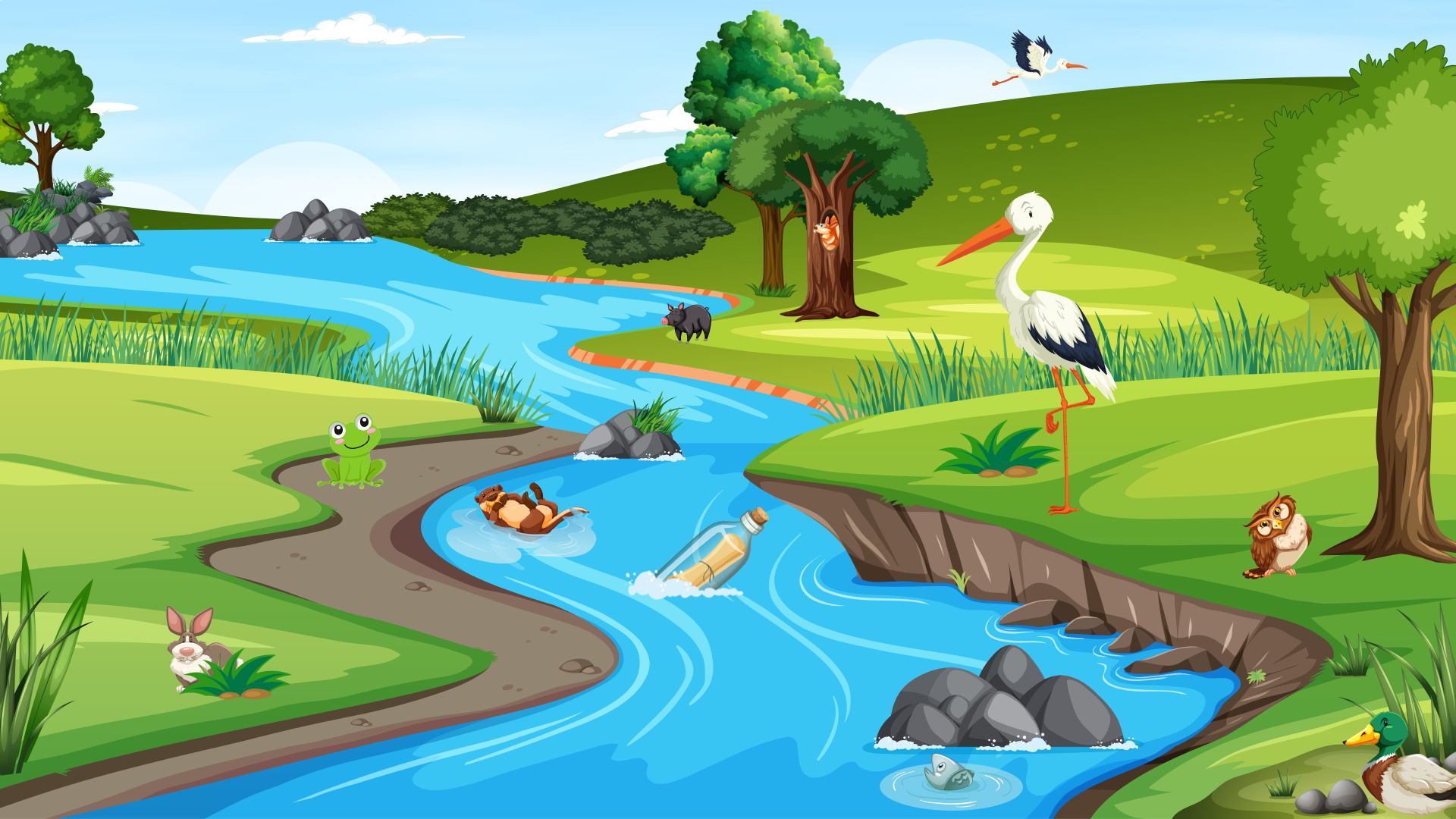 Obraz s řekou, ve které je vzkaz v láhvi, na obrazu je i čáp, žaba, vydra, ryba, sova, králík, kanec, veverka a kachna